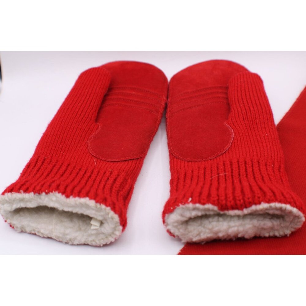 Isotoner Red Knit Mittens and Dillard Large Scarf Matching Set Lined Fleece Vtg - Picture 2 of 12